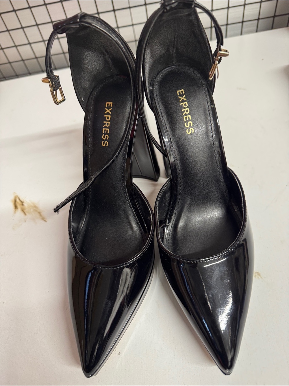 Express Black Patent Pointed Toe Ankle-Strap Heels